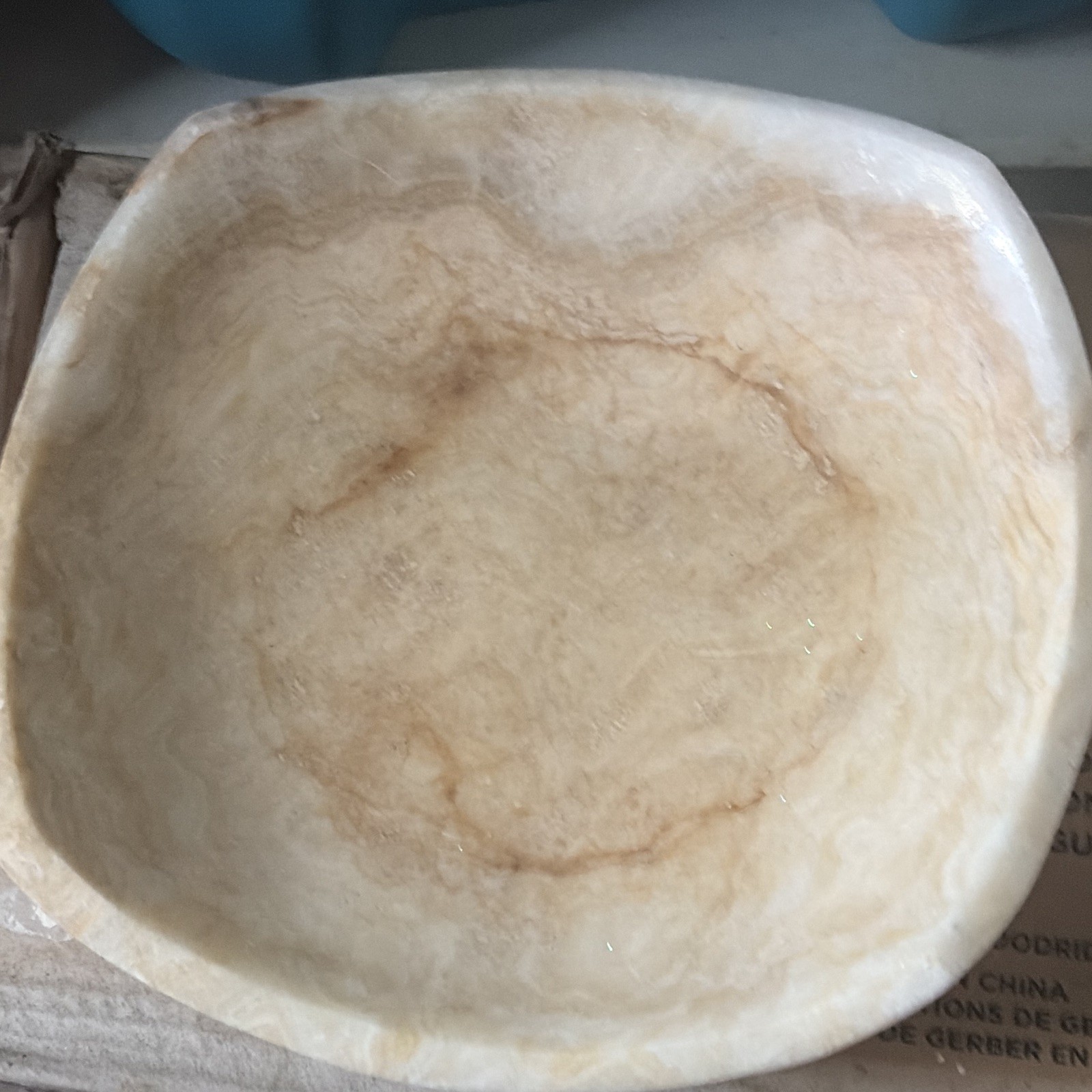 Beige Marbled Stone Square Marble Theme Bowl, Glossy Finish, Includes Bowl