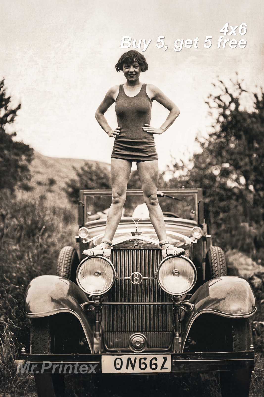 1920s Flapper Woman 💙 Vintage Car – 4×6 Photo – Art Deco Portrait