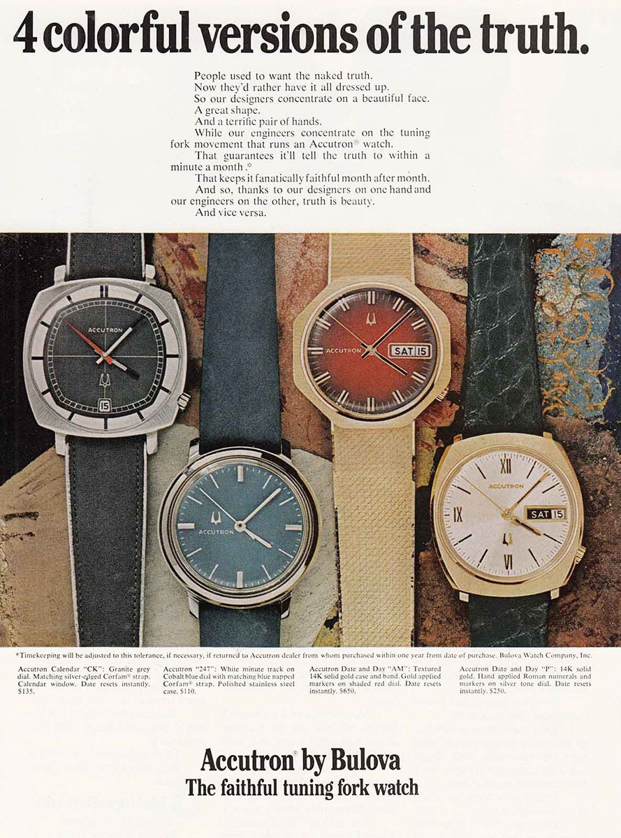 1971 Bulova Accutron: 4 Colorful Versions of the Truth Vintage Print Ad