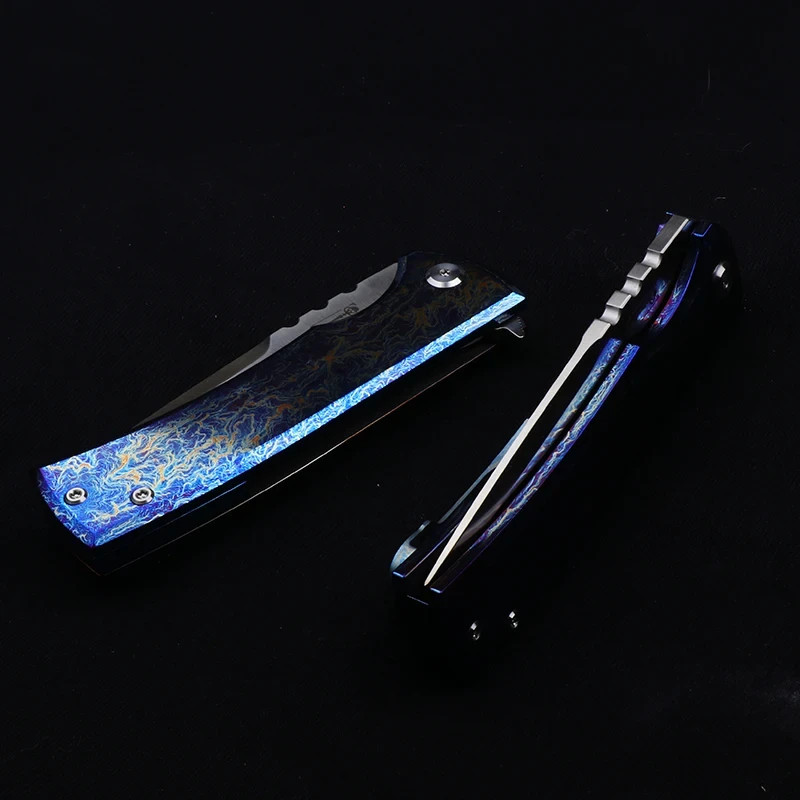New TC4 Titanium Blue Anodized Custom Handle Tactical Outdoor EDC Pocket Knife