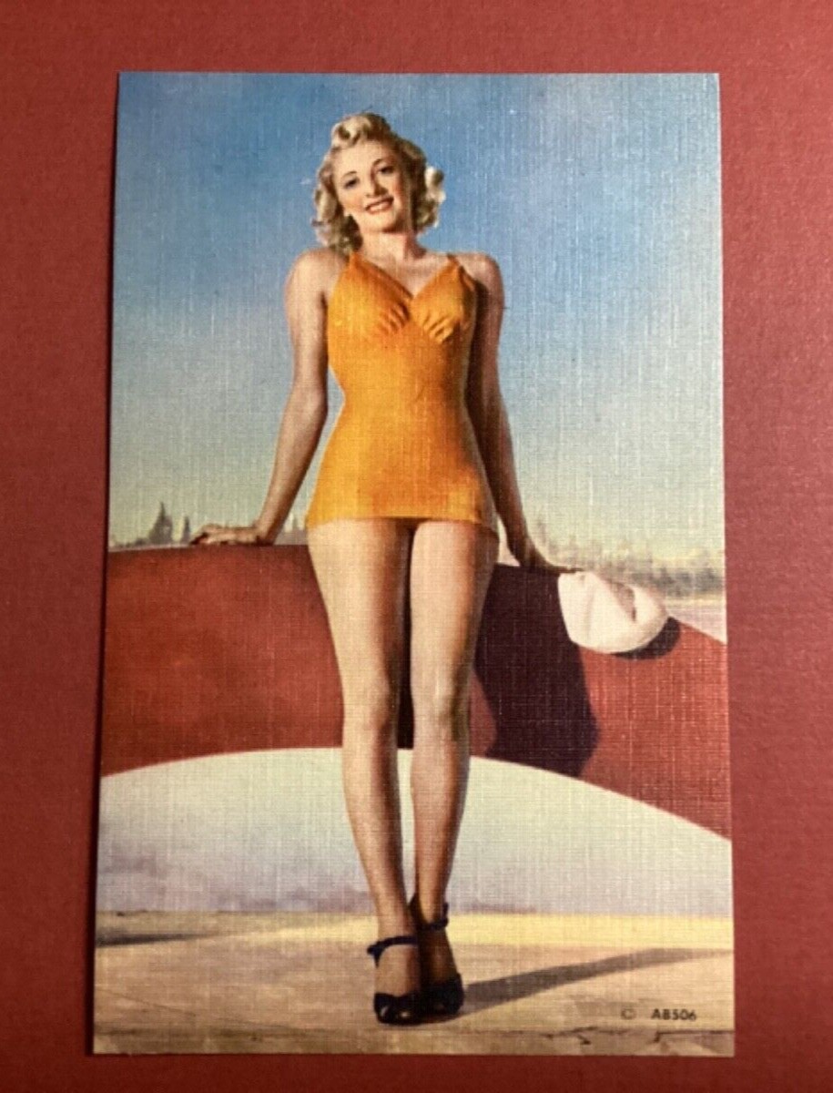 Long Legged Blonde Haired Bathing Beauty, Pin Up, Pre-Bikini Era NOS Linen Card 