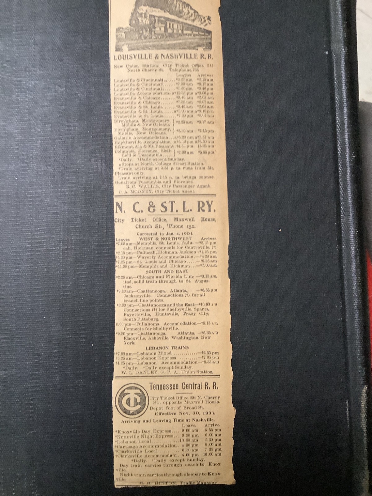 Vintage Tennessee Central Railroad Time Schedule 1904 ad effective 11/30/1903