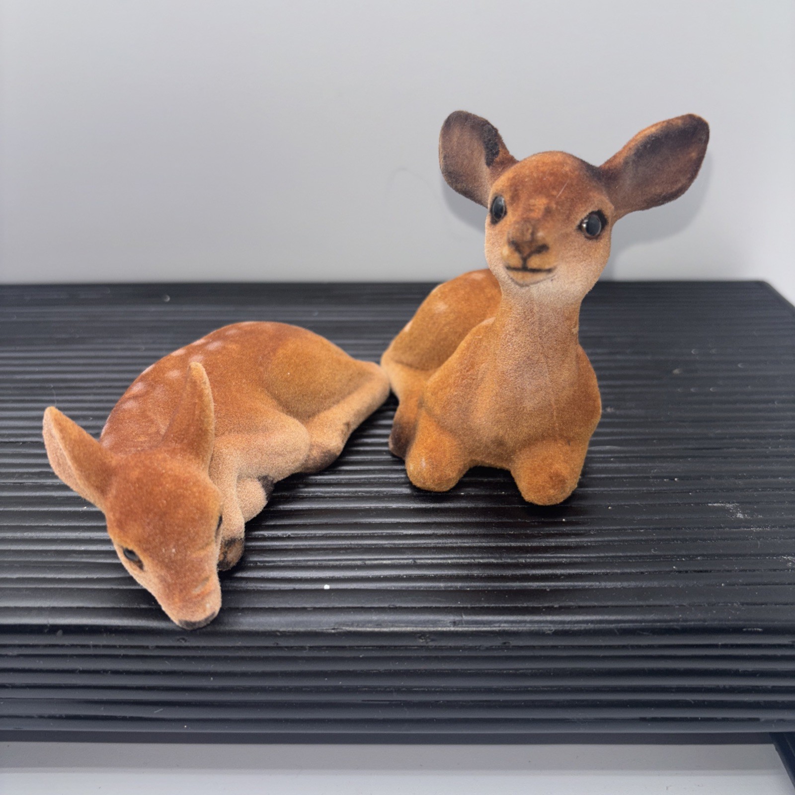 Vintage Flocked Deer and Spotted Fawn Figures Brown/Tan at Rest – Set of 2