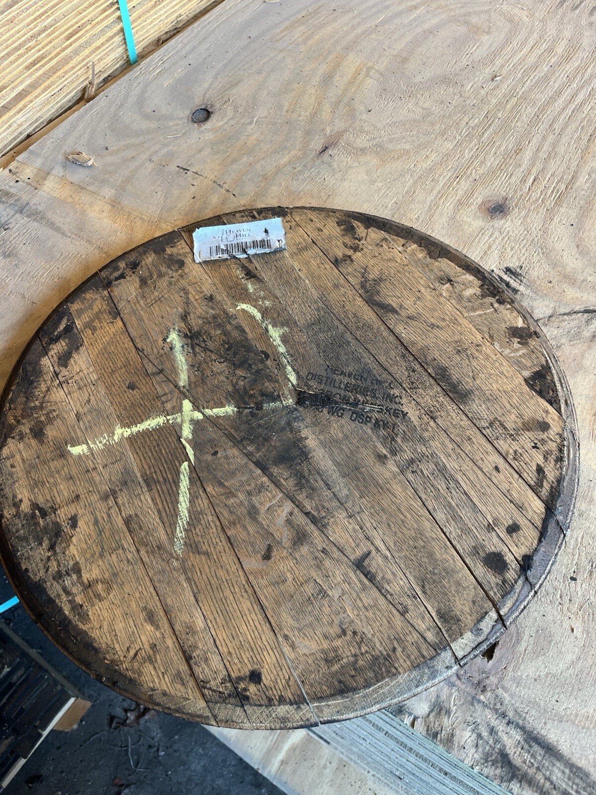 21” w Rough whiskey barrel head, once used, needs work, craft, shelf, display