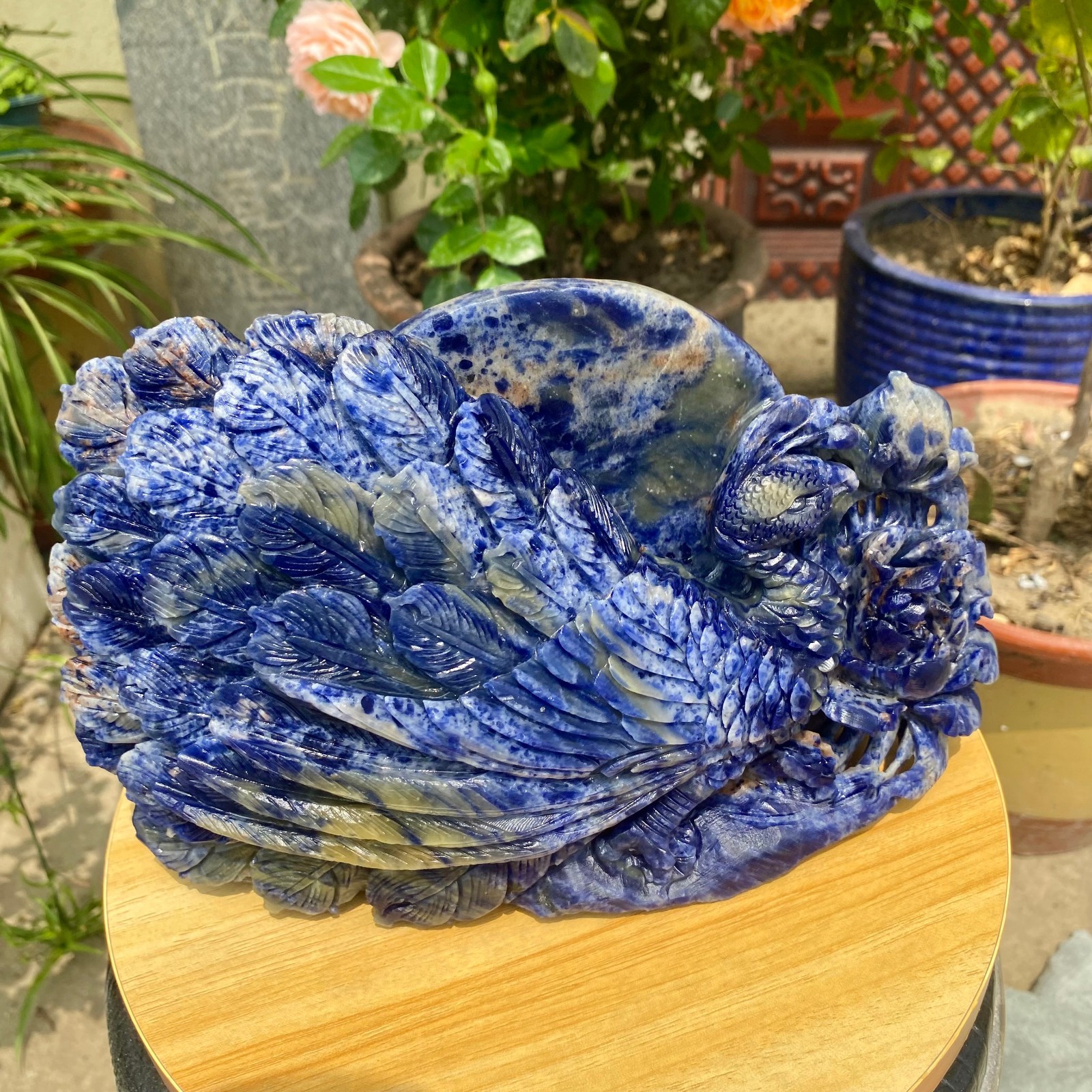 7.71LB Natural Blue Vein Stone Phoenix Carving, Home Decoration
