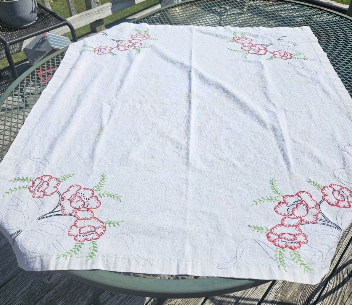 Vgt Linen Table Cloth Handmade Floral Design 4 Corners 34″×37″