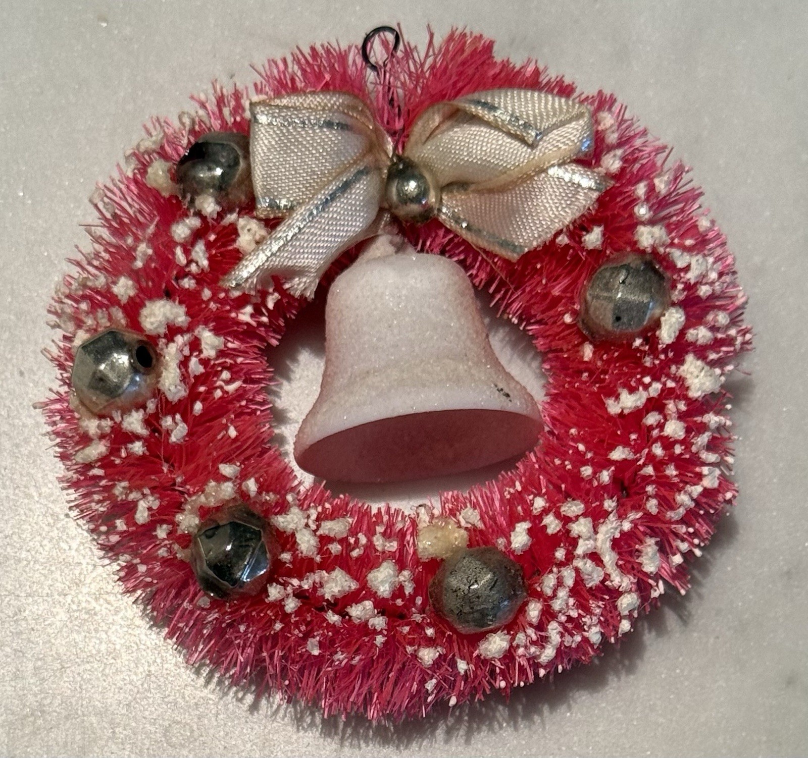 Vintage MCM Pink Bottle Brush Wreath w/ Mercury Glass Beads & Bell
