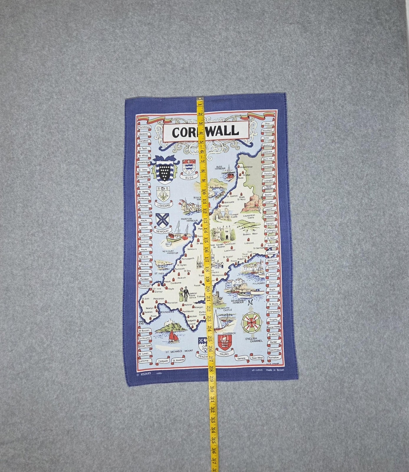 Vintage Cornwall England Map Tea Towel Vista All Cotton Made In Britain Souvenir