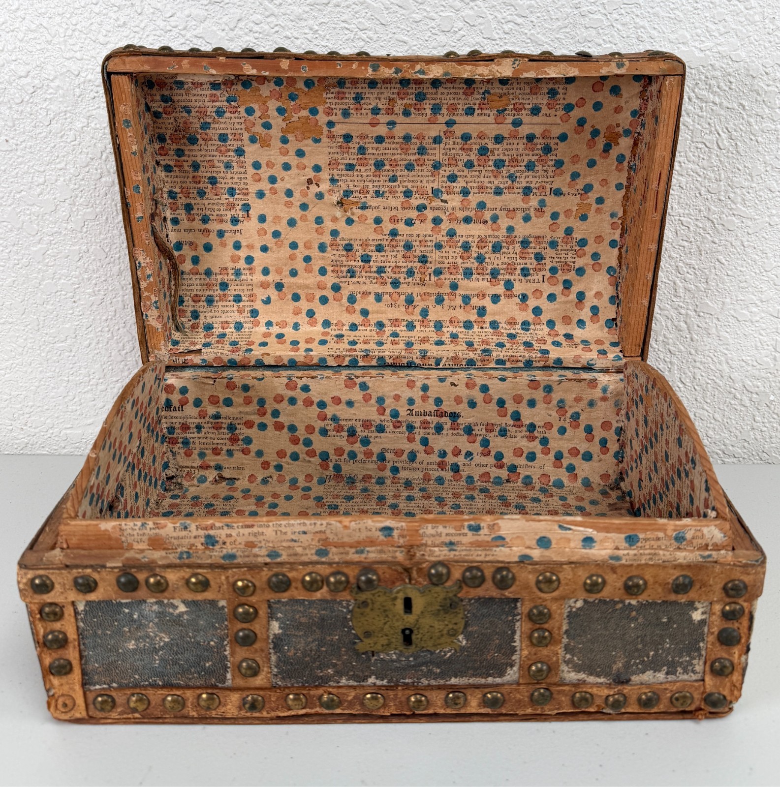 Antique Dome Top Leather Hide Studded Document Box 19th C. American Primitive