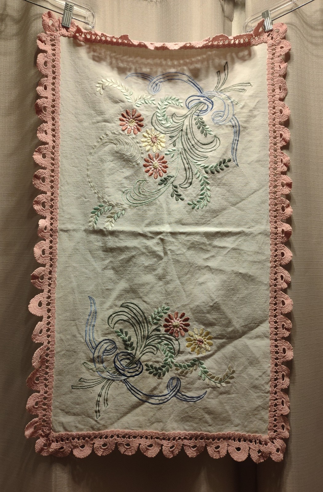 Vintage Embroidery Dresser Scarf Runner Pink Crochet Edge