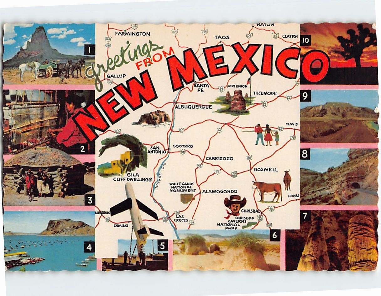 Postcard NM Map, Scenes & Views Greetings from NM USA
