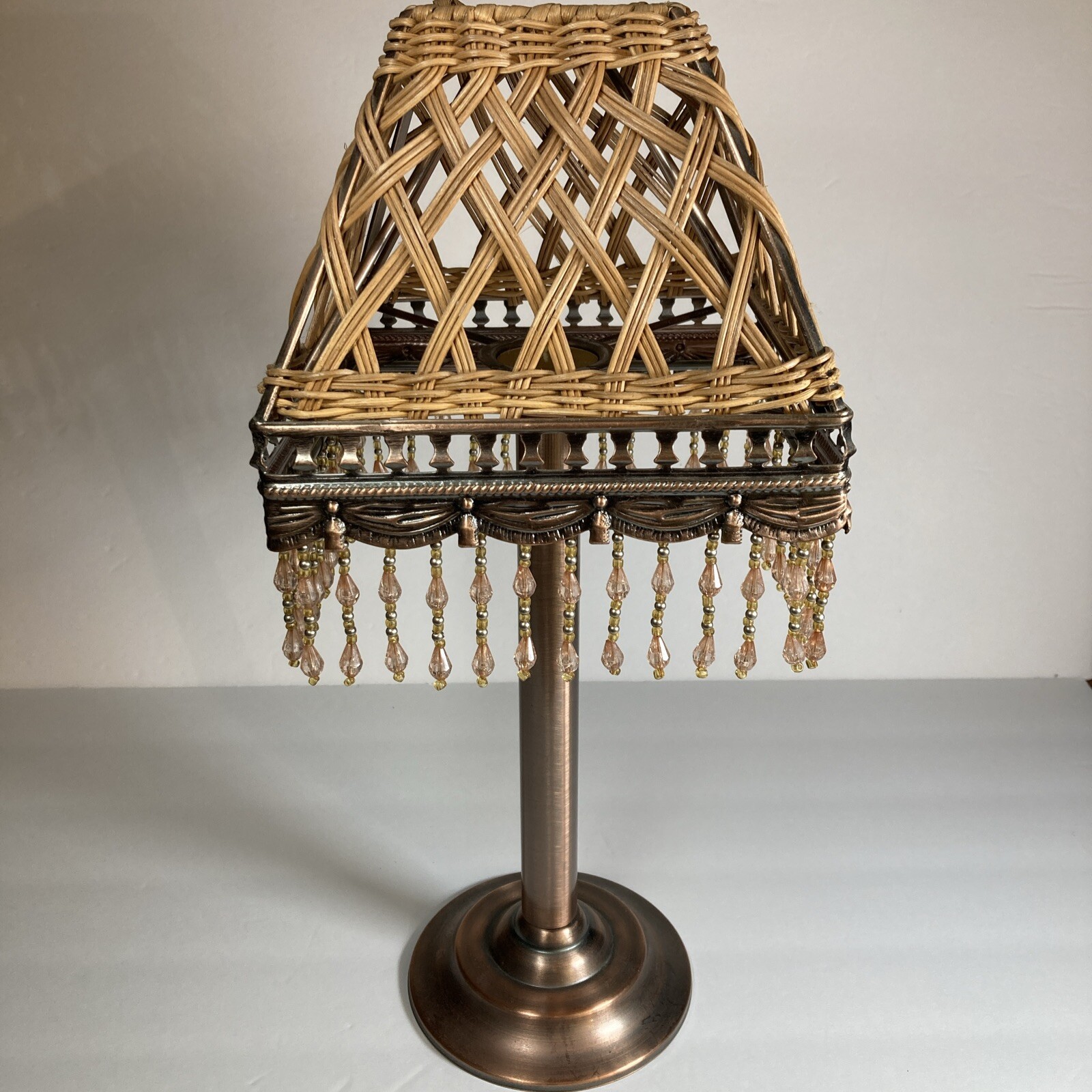 Copper Tea Light Lamp With Patterned Wicker Shade Adorned With Beads