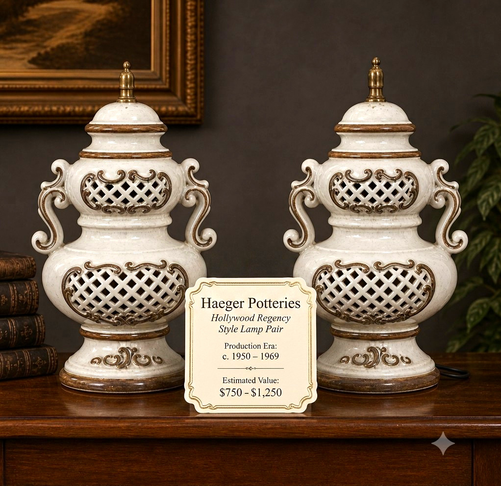 Vintage Haeger Potteries Pair Hollywood Regency Ceramic Table Lamps 1950s