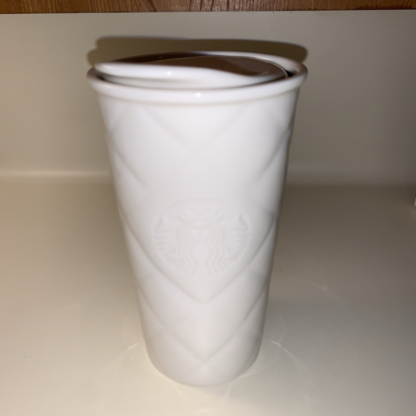 Starbucks Ivory Ceramic Tumbler w Lid Quilted Embossed Pattern Siren 2012