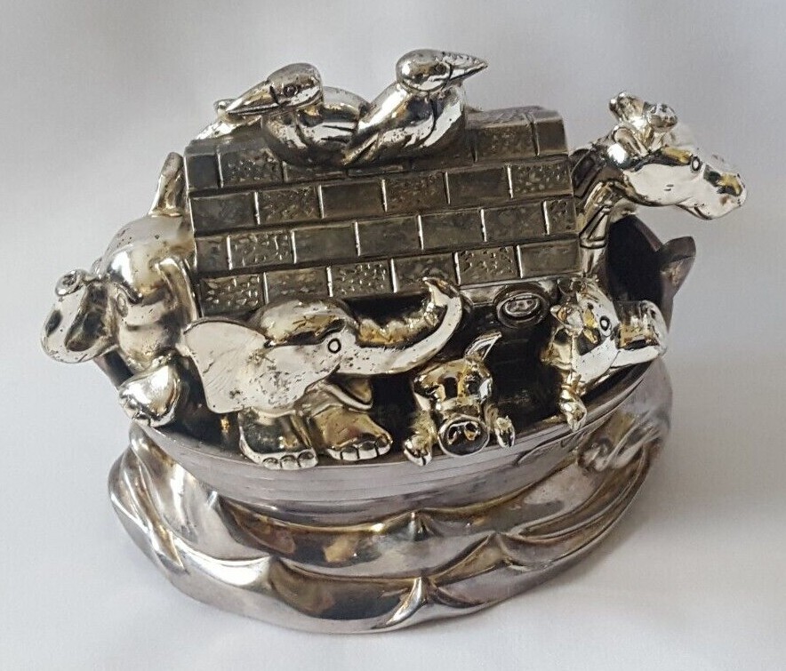 Wallace Vintage Metal Noah’s Ark Piggy Bank Silvertone 5″ x 4″ x 3″ 2.5 Pounds