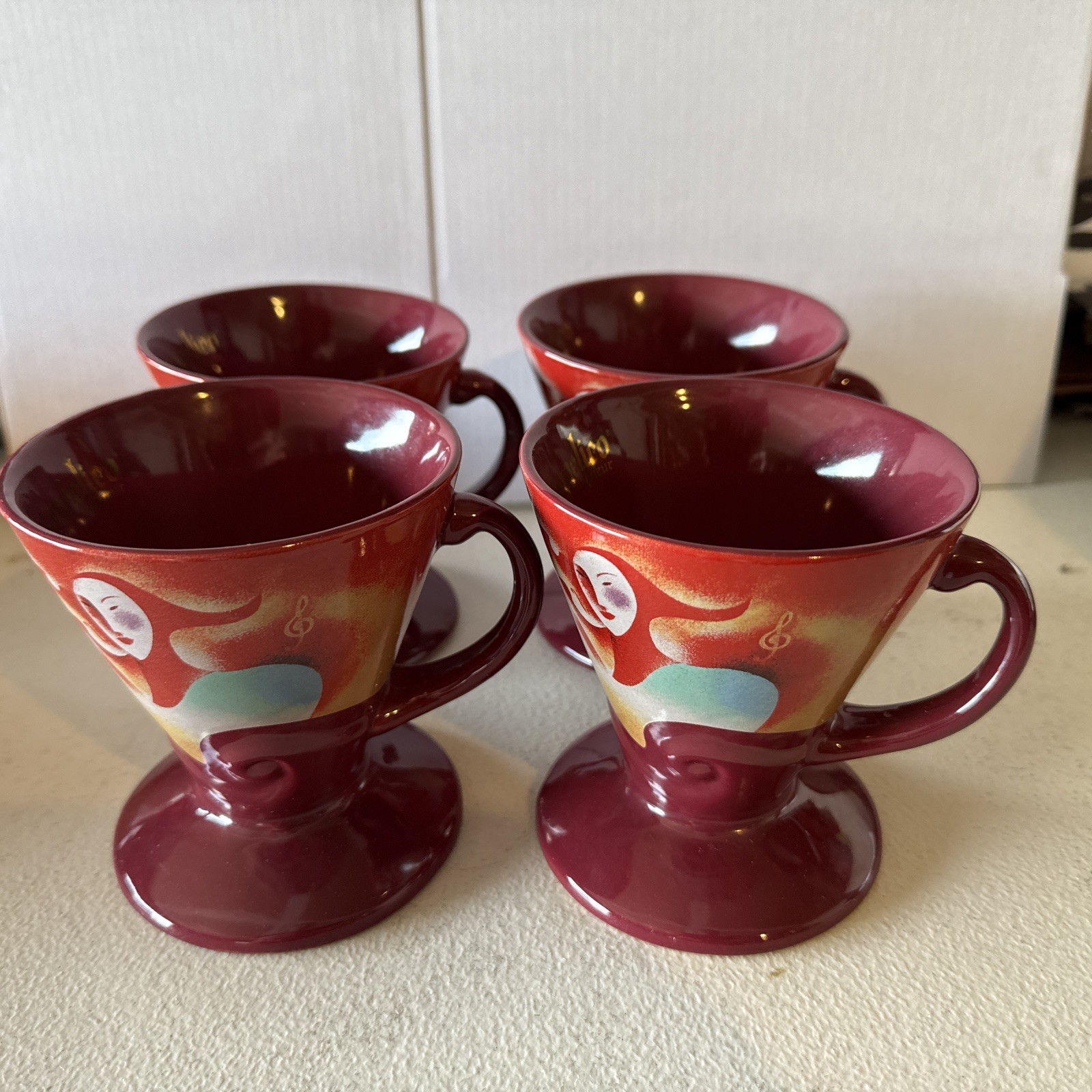 4 FRANGELICO LIQUEUR EXPRESSO Cups Mugs LINDA FRICHTEL 1999 Set of 4 Maroon Red