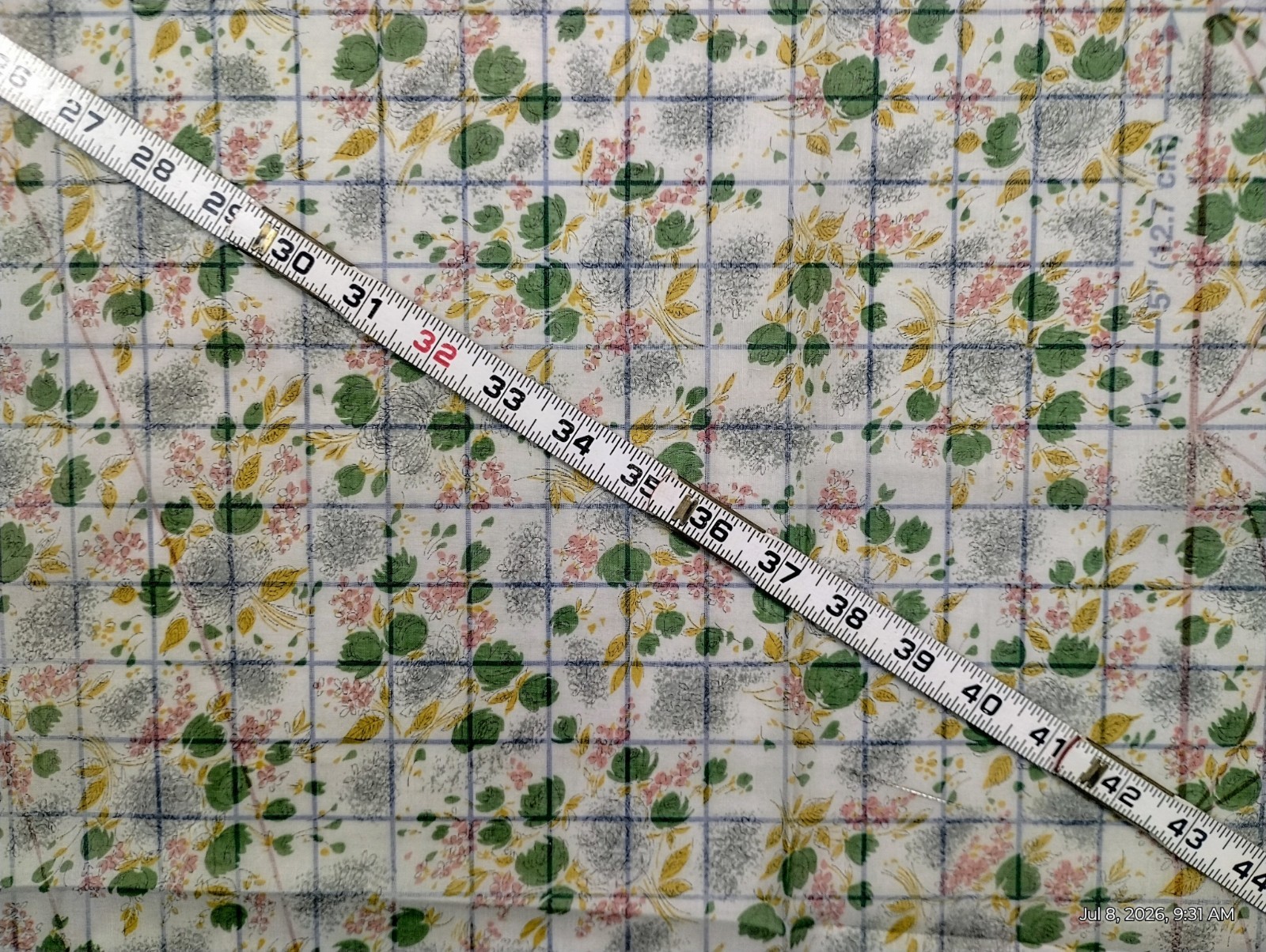 Vintage 1950s Sheer Fabric Floral Plaid Grid Crisp Chiffon Voile 2.75 Yds x 38″