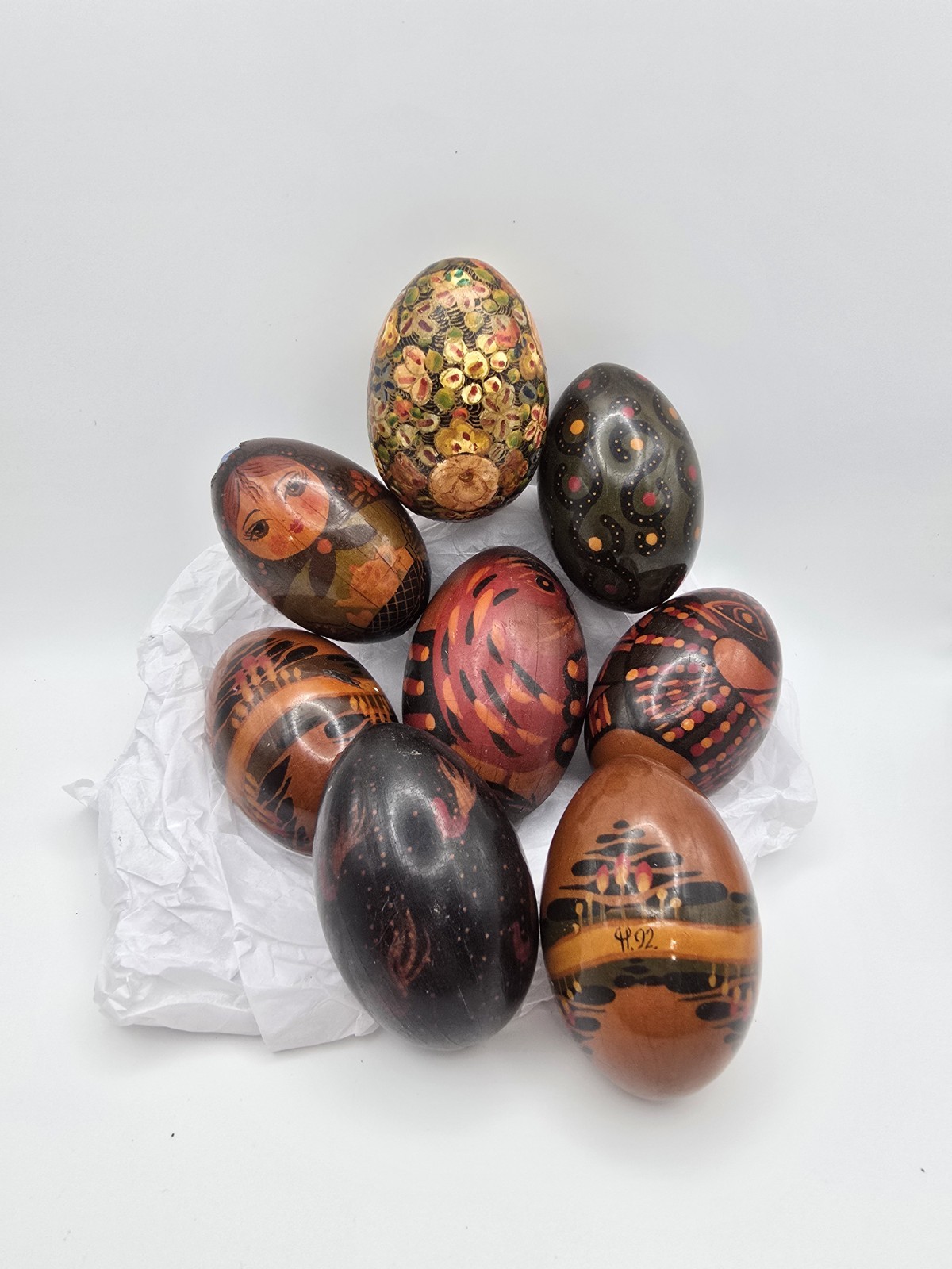 Vintage Hand Painted Decorative Eggs Folk Art Wood Mixed Materials Lot of 8