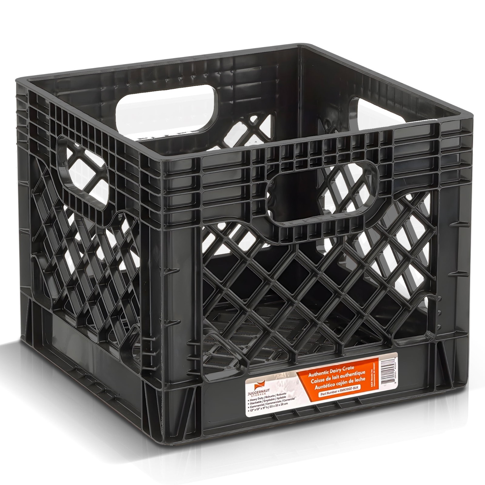 2Pack Juggernaut Storage 16QT Plastic Heavy-Duty Plastic Square Milk Crate Black