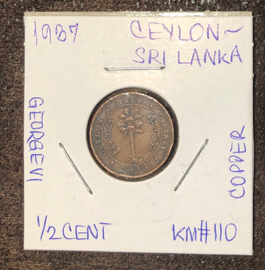 1937 Ceylon/Sri Lanka 1/2 (Half)Cent Copper Coin-18.2MM-George VI-KM#110