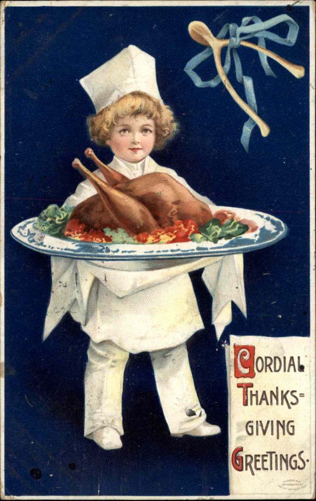 Thanksgiving Boy Chef Turkey Dinner Ellen Clapsaddle c1900s-20s Postcard