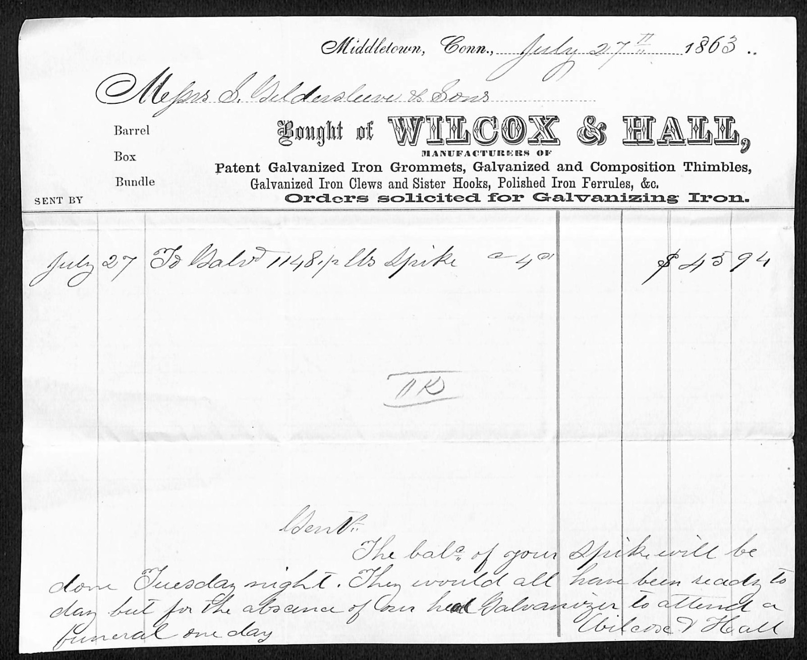 1863 Wilcox & Hall Galvanized Iron Middletown CT Ship Builders Gildersleeve* (#3