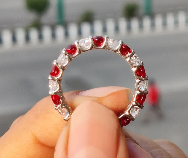 Ruby & Diamond 14K White Gold Over Wedding Anniversary Full Eternity Band Ring