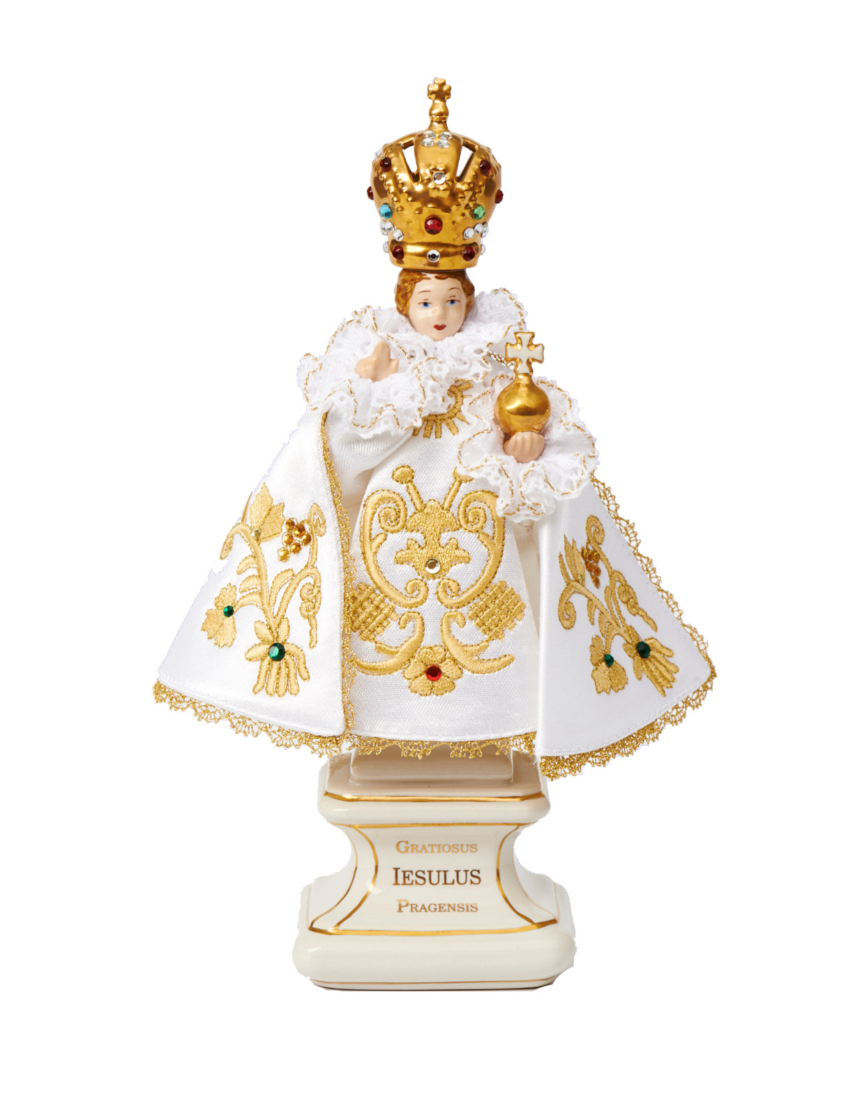 Infant Jesus of Prague Porcelain Clothed white – Small with Base 22 cm/8.66 in