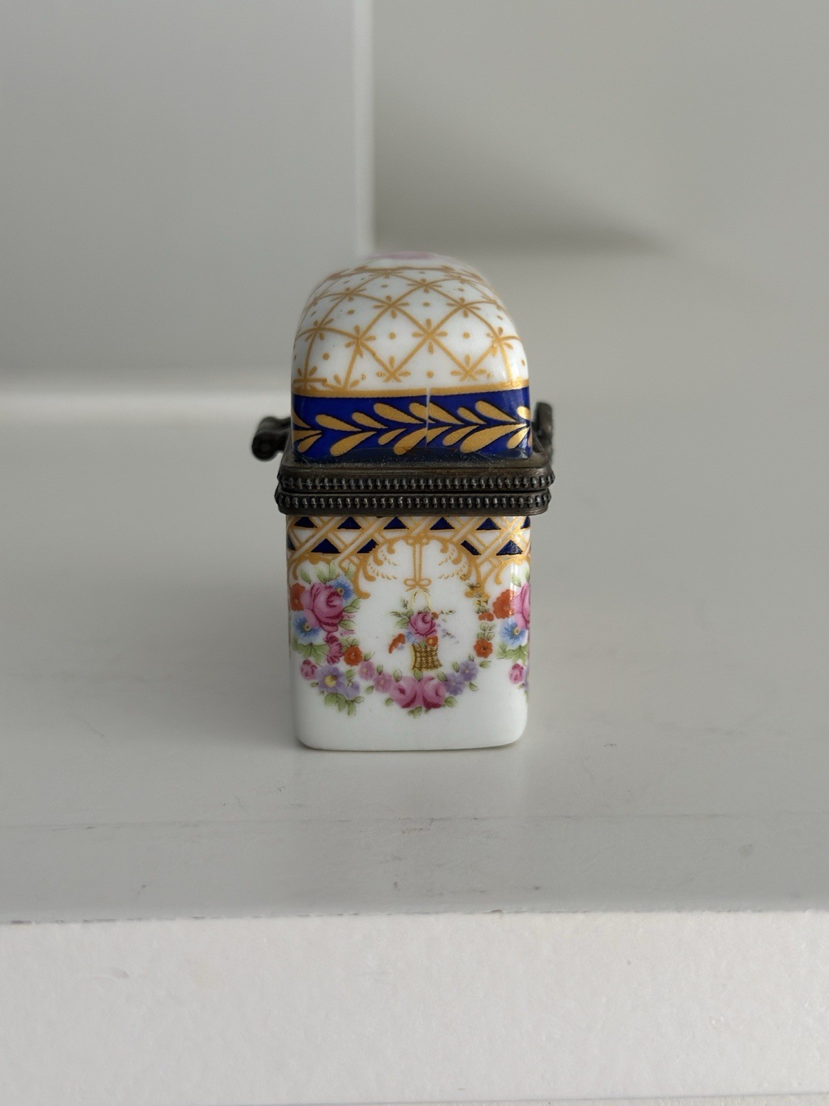 Porcelain Hinged Trinket Box with Rococo Floral Design France 1920’s