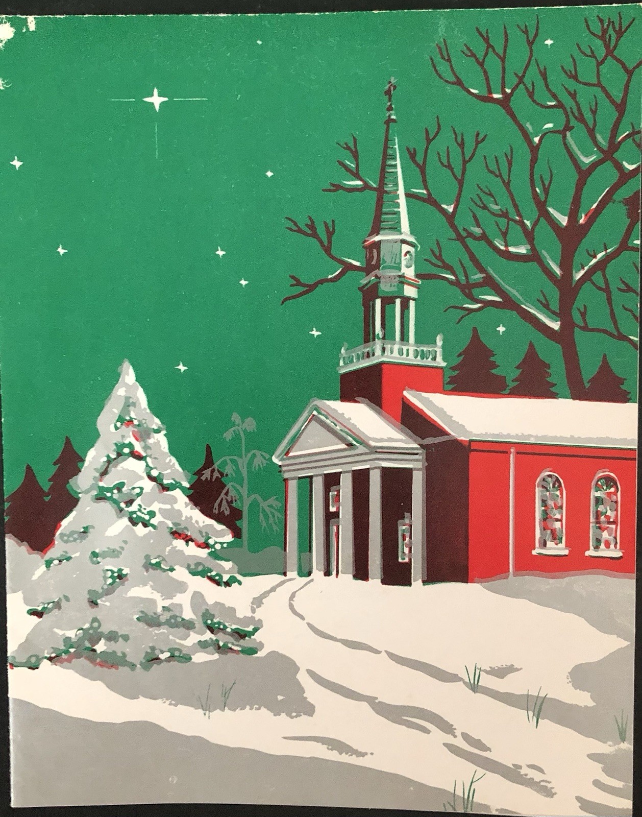 Vtg Christmas Greeting Card Red/White/Green Church Snow Silver Tree Stars! Gloss