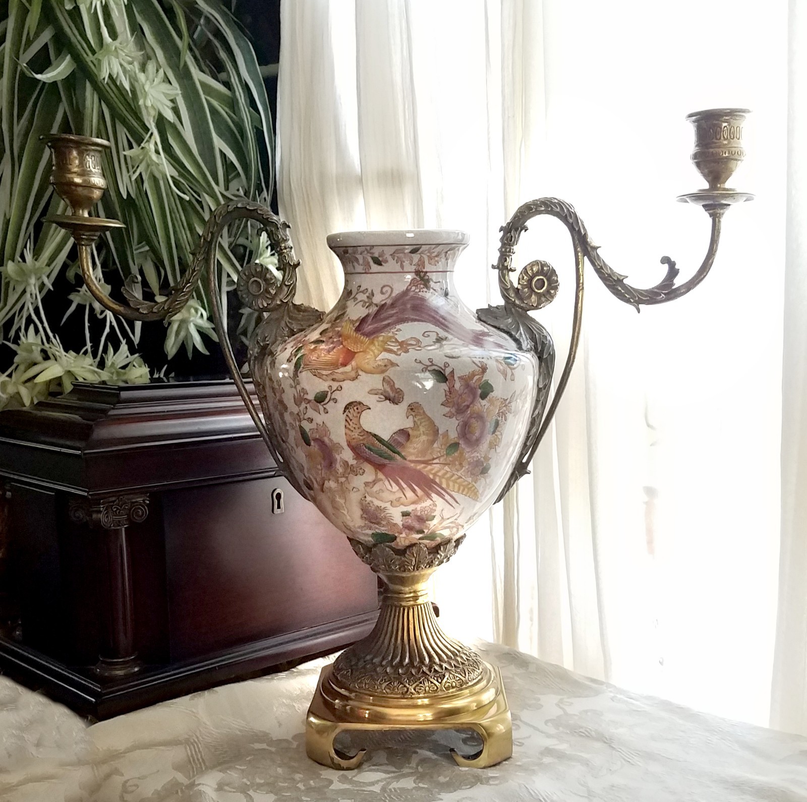 Sarreid by Wong Lee Porcelain Brass Candelabra Amphora Urn Vase, French, Birds