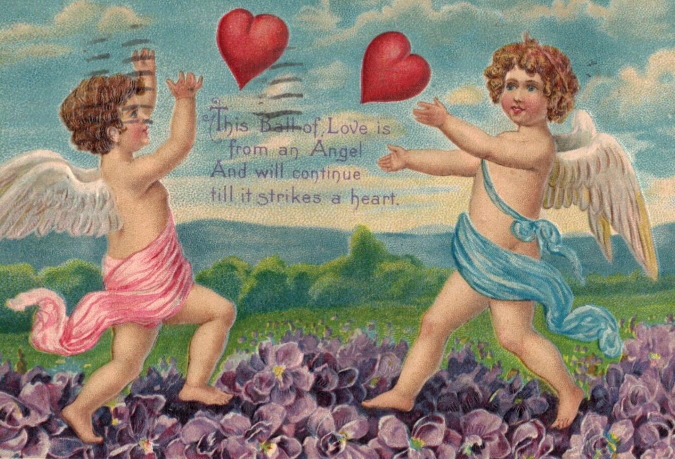 C1910 Valentine Angels Playing Purple Flower Poem Heart Emboss Antique Postcard