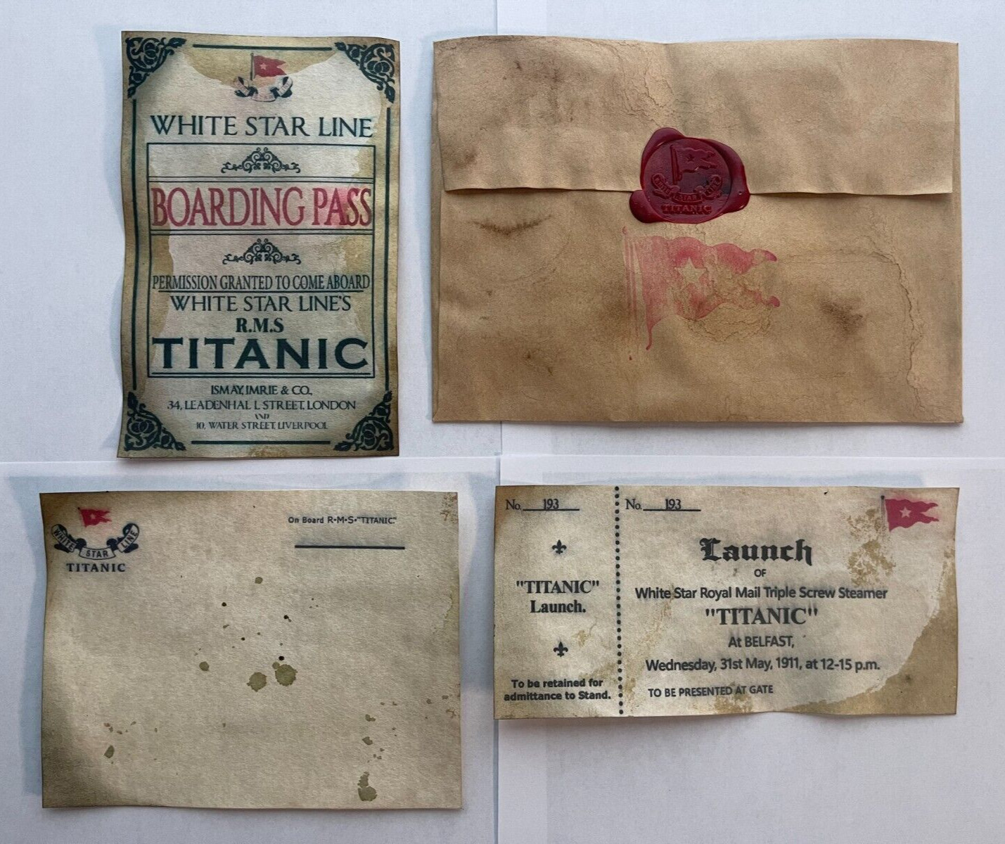 Titanic Launch Ticket, Boarding Pass, Postcard, and Envelope – White Star Line