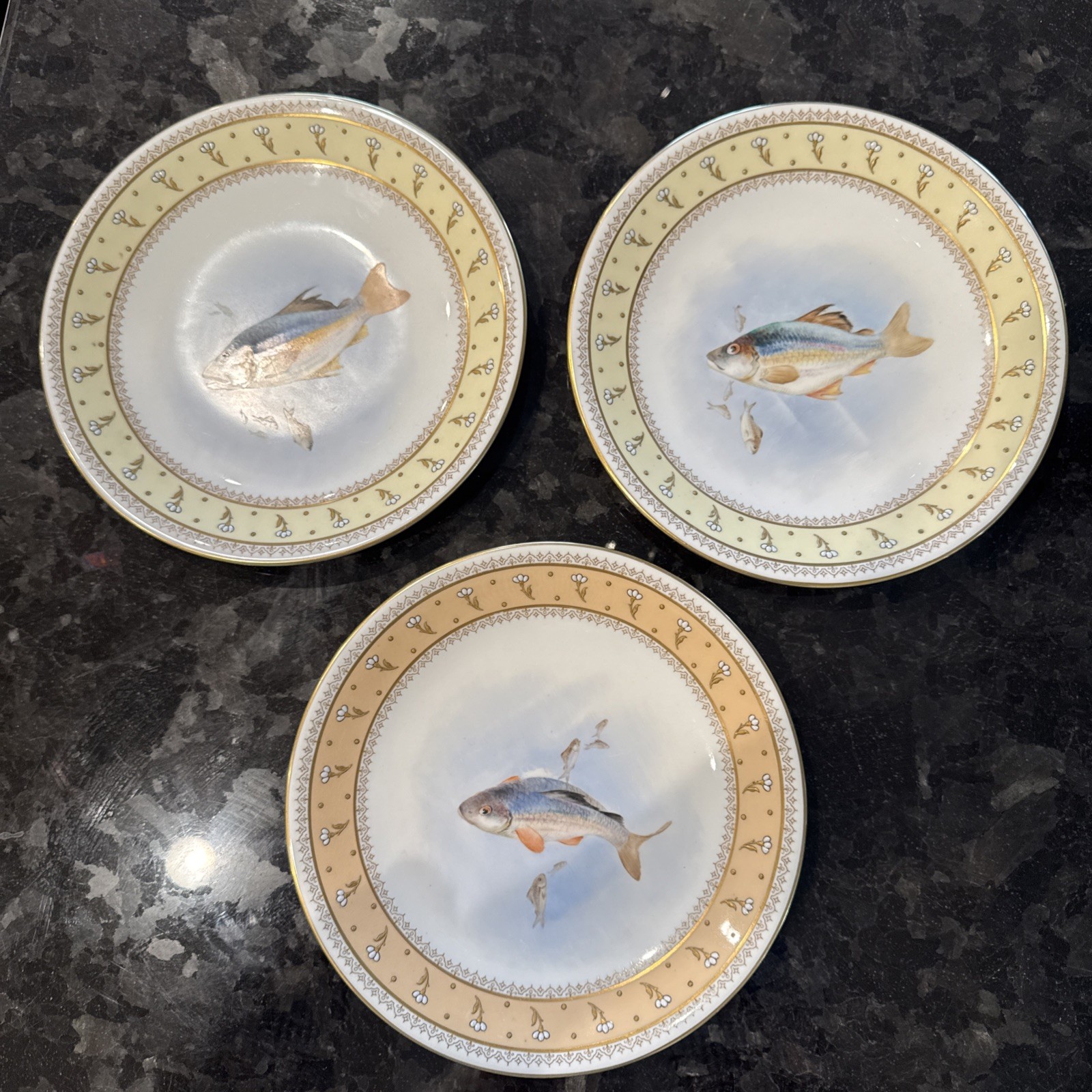 Royal Worcester Jeweled Fish Plates Lot Of 3 c 1884 Theodore B Starr NY