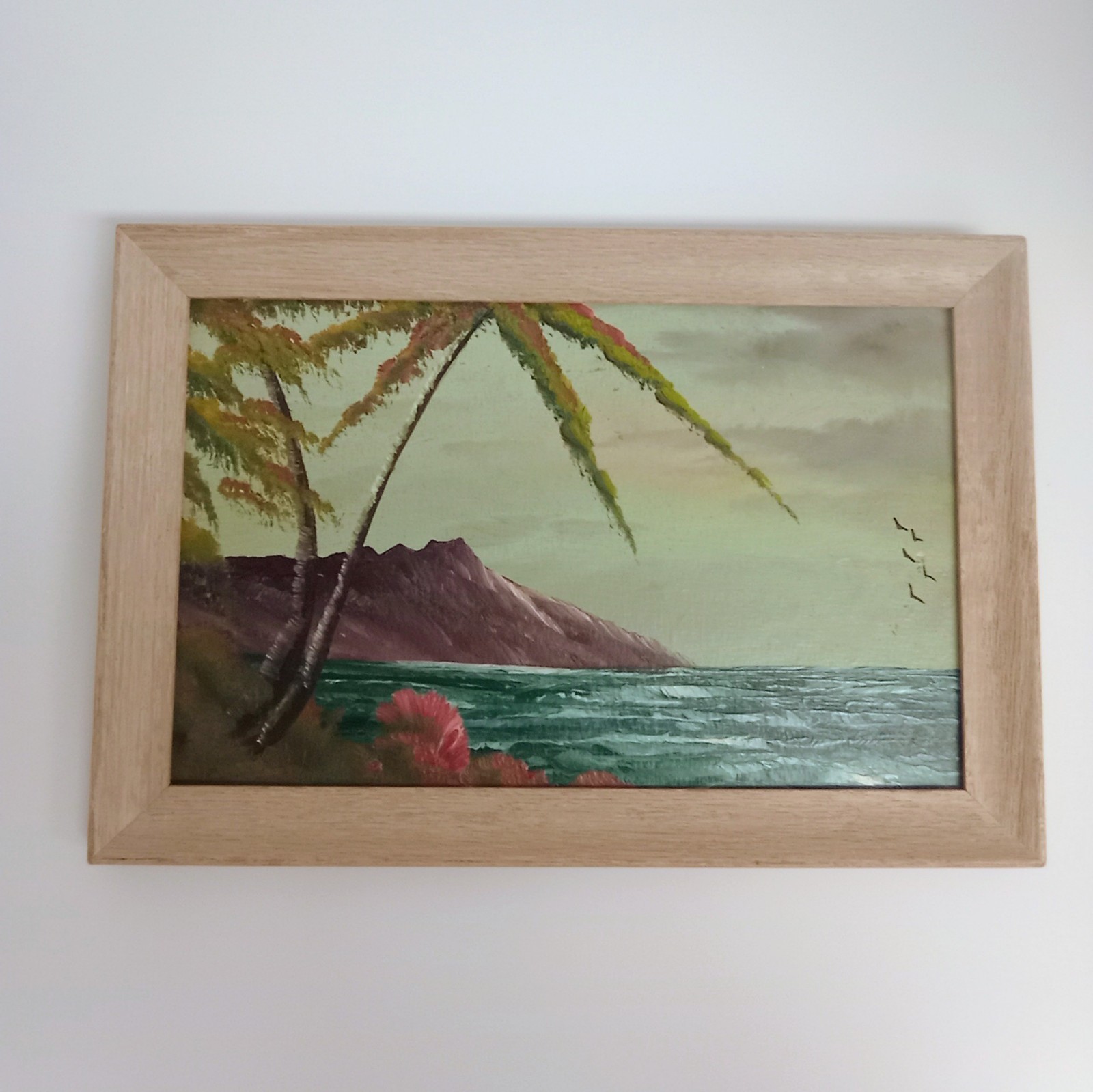 Vintage Hawaiian OIl Painting by Artist Yancey w/Palms, Ocean Island, Flora