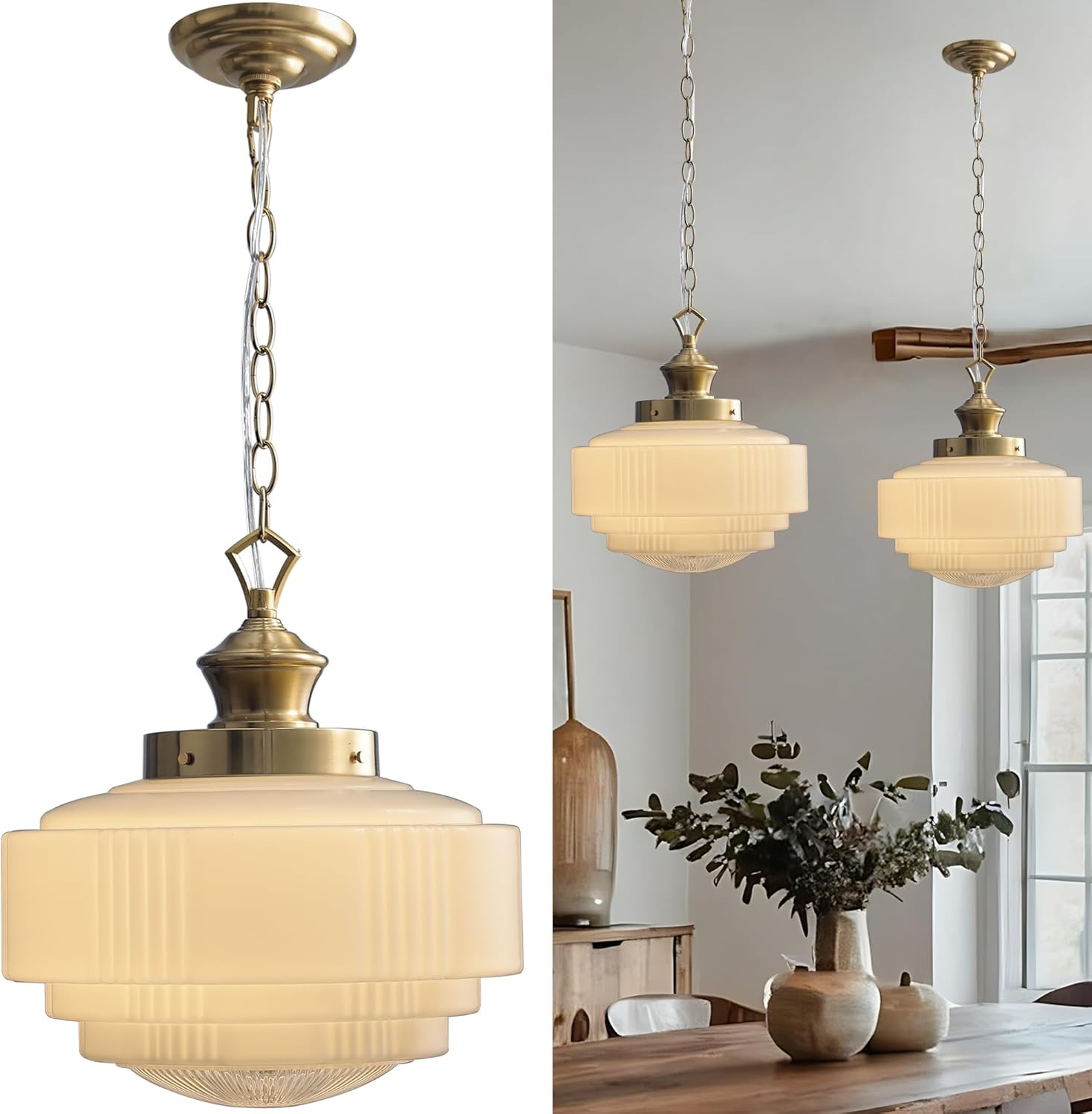 Vintage Milk Glass Pendant Light with Brass Finish, Adjustable Height Chandelier