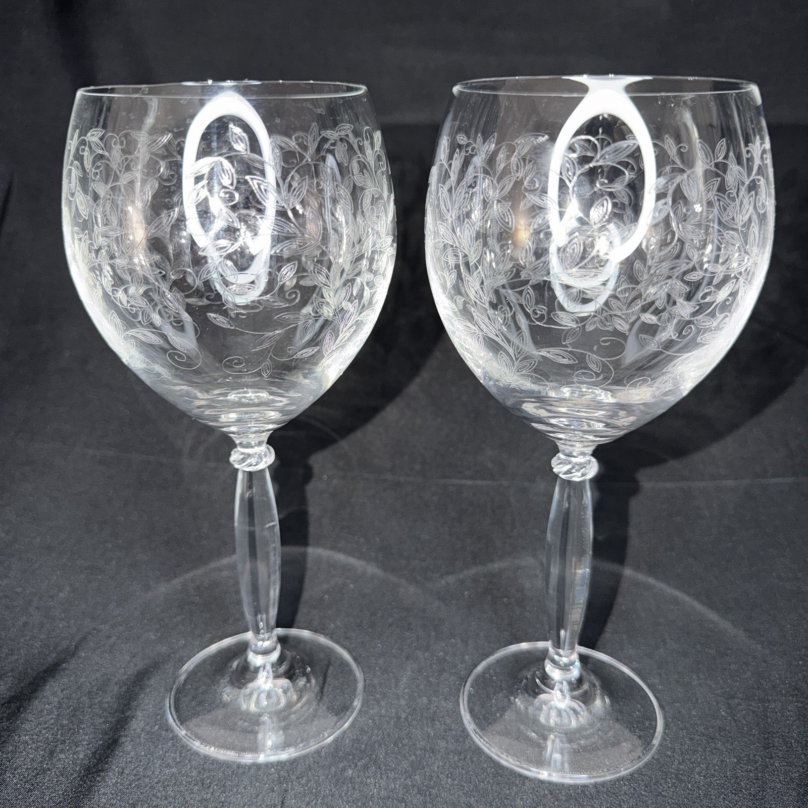 Set of 2 Pier 1 Eliza Crystal Water Goblet Etched Leaves 8 3/8 inches tall
