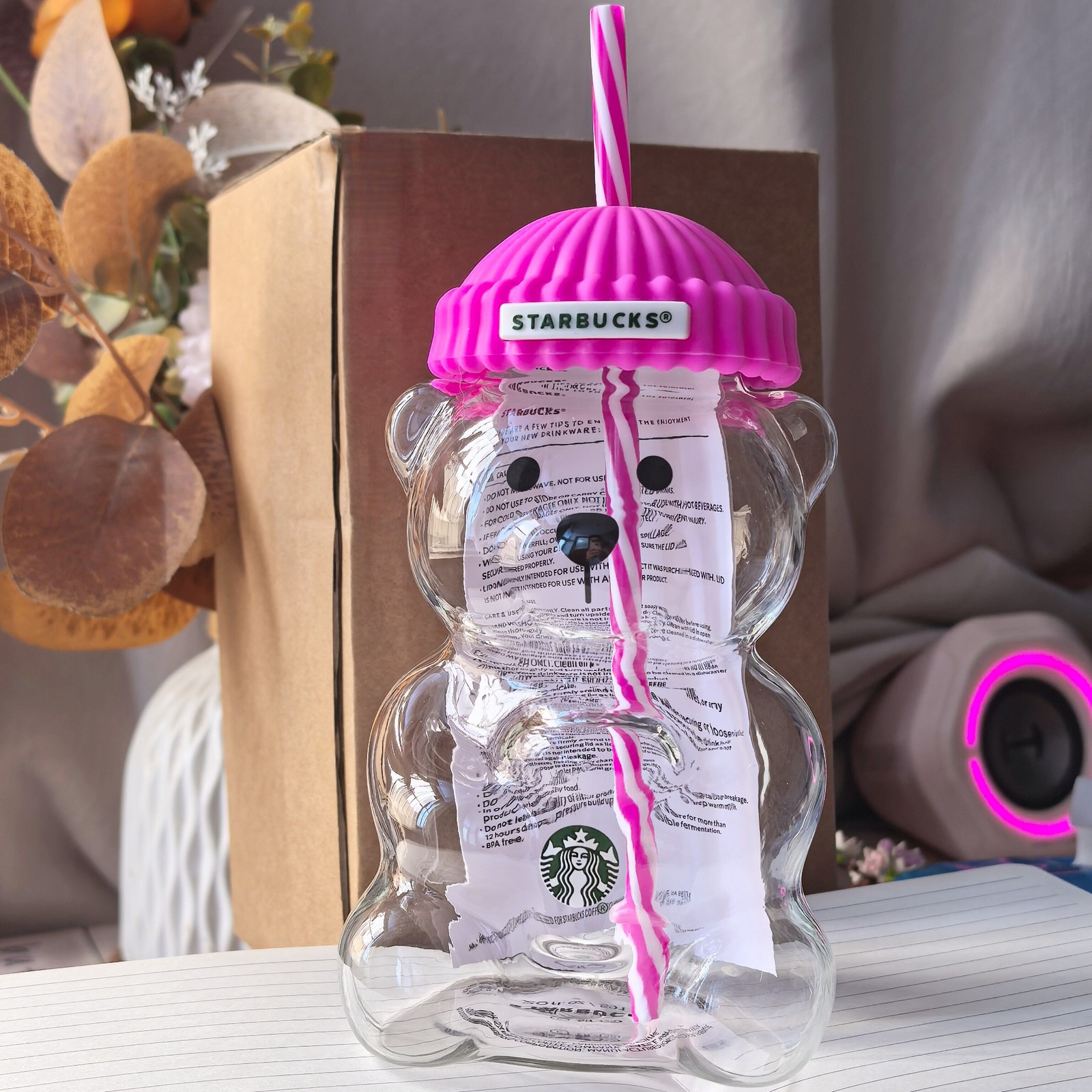 2026 Starbucks Bearista Rose Red Bear Glass Tumbler Cold Cup w/ Straw 20oz 591ml