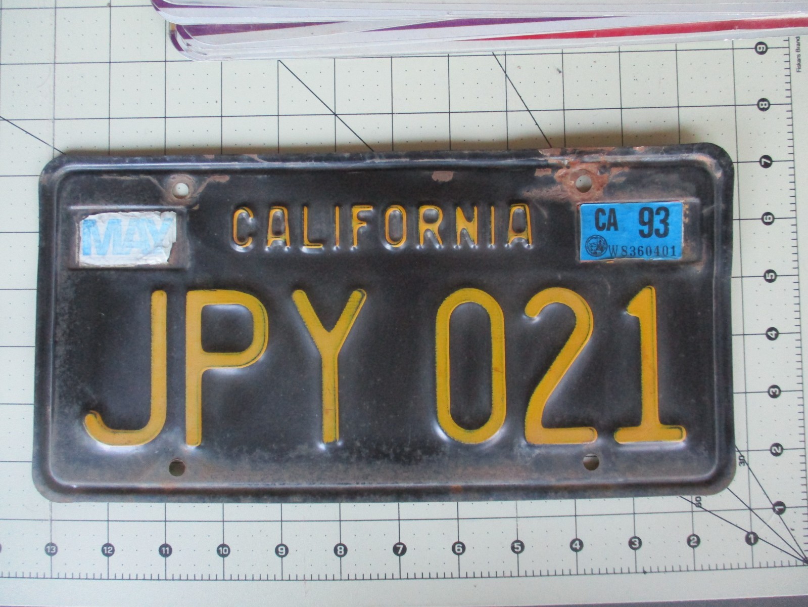 Vtg 1963 CALIFORNIA License Plate – JPY 021, Black and Yellow Embossed Original