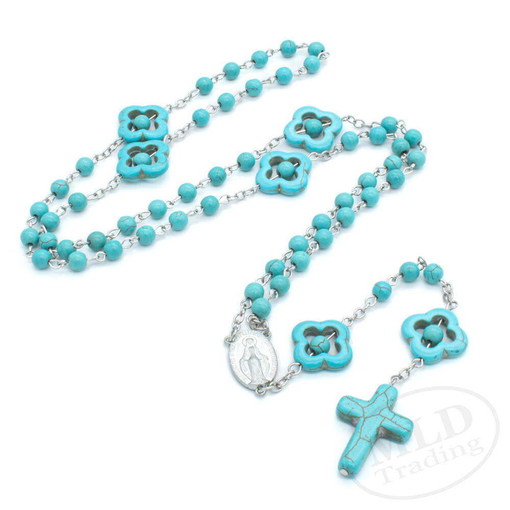 Turquoise Stone Bead Catholic Flower Rosary Necklace – 22″ 7″ Drop, Silver Chain