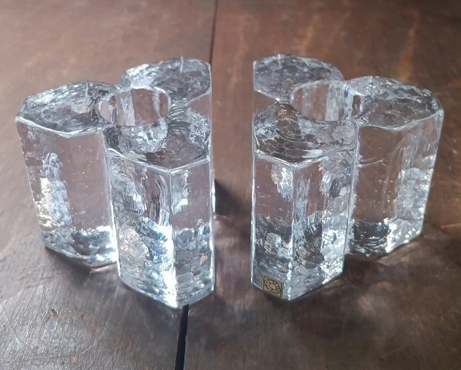 Vintage Pair of Glass Ice Candle Holders Made In Urshult Sweden