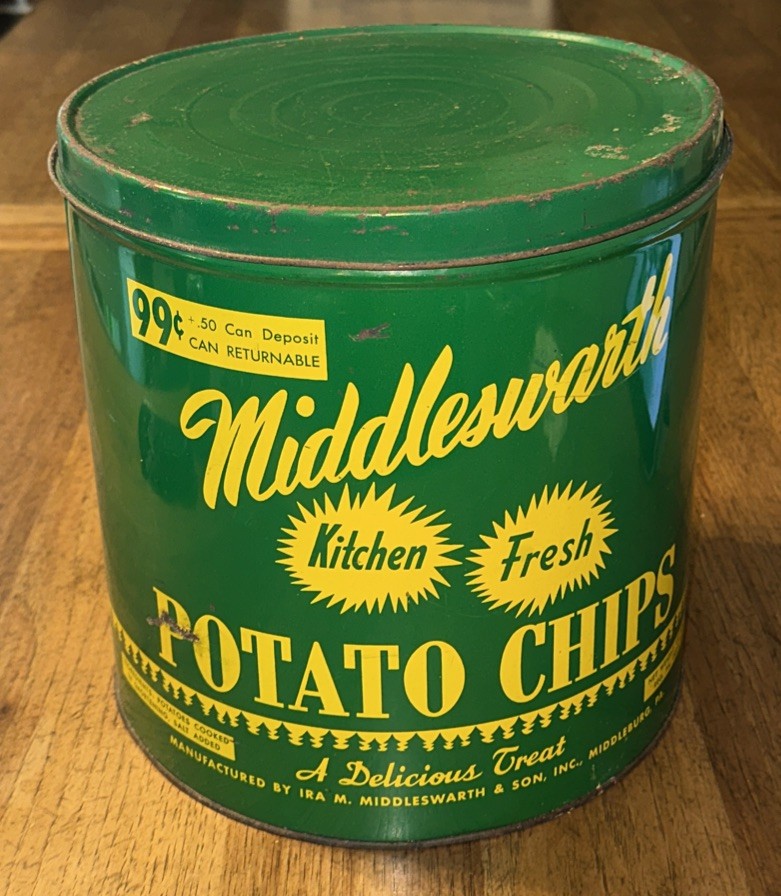 60’S MIDDLESWARTH POTATO CHIPS MIDDLEBURG , PA 1 1/2 LB. POTATO CHIP TIN