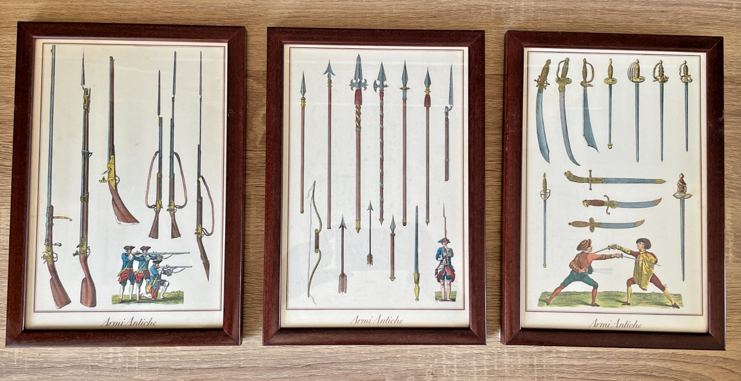 Set x3 Italian Armi Antiche Framed Ancient Weapons of War Prints Militaria