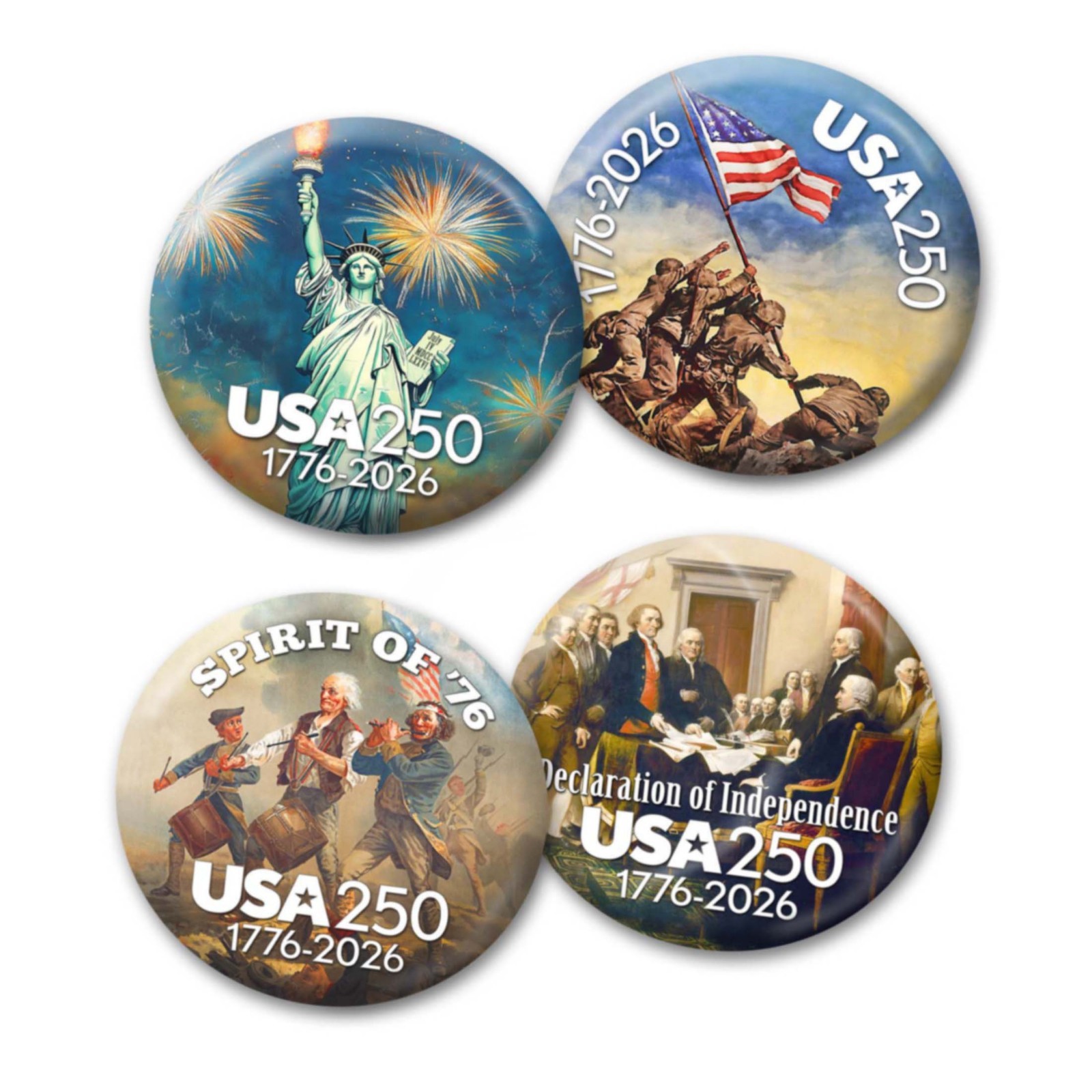 4 Pack Buttons – Vintage Designs – America, Semiquincentennial, 250 Freedom USA