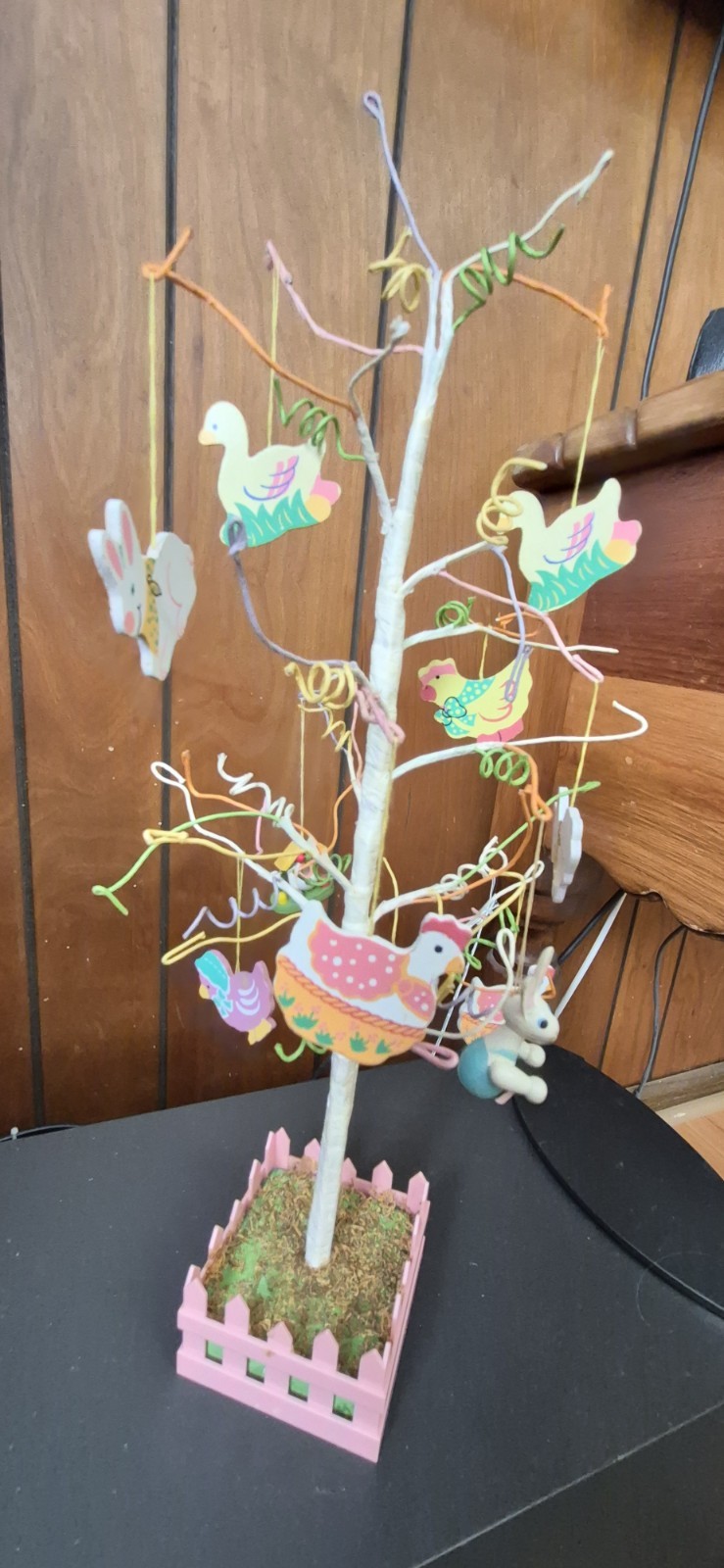 Mini Easter Tree with Pink Basket Base Charming Wooden Ornaments 15″ x 7″ x 3″