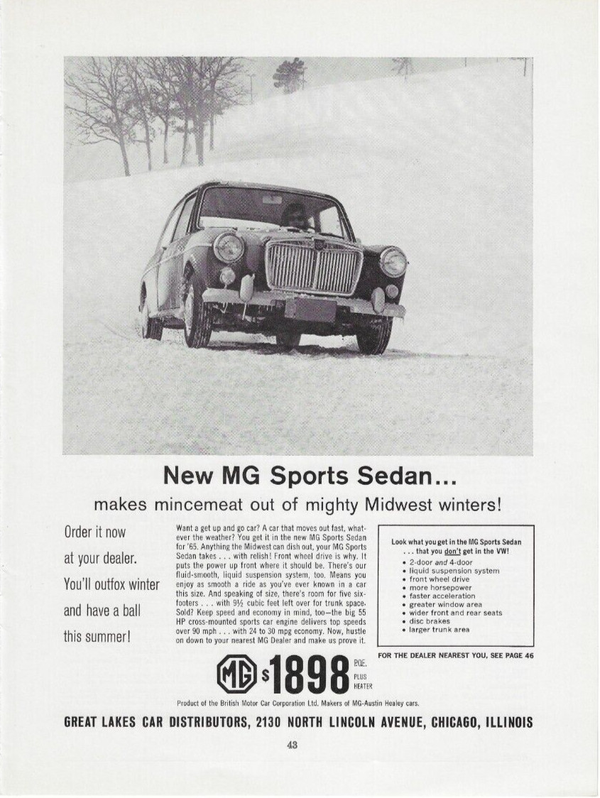1965 MG Sports Sedan Anything the Midwest Can Dish Out Snow Vintage Print Ad
