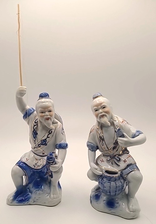 Vintage Chinese Porcelain Fishermen Figurines White, Blue & Gold Floral Set Of 2