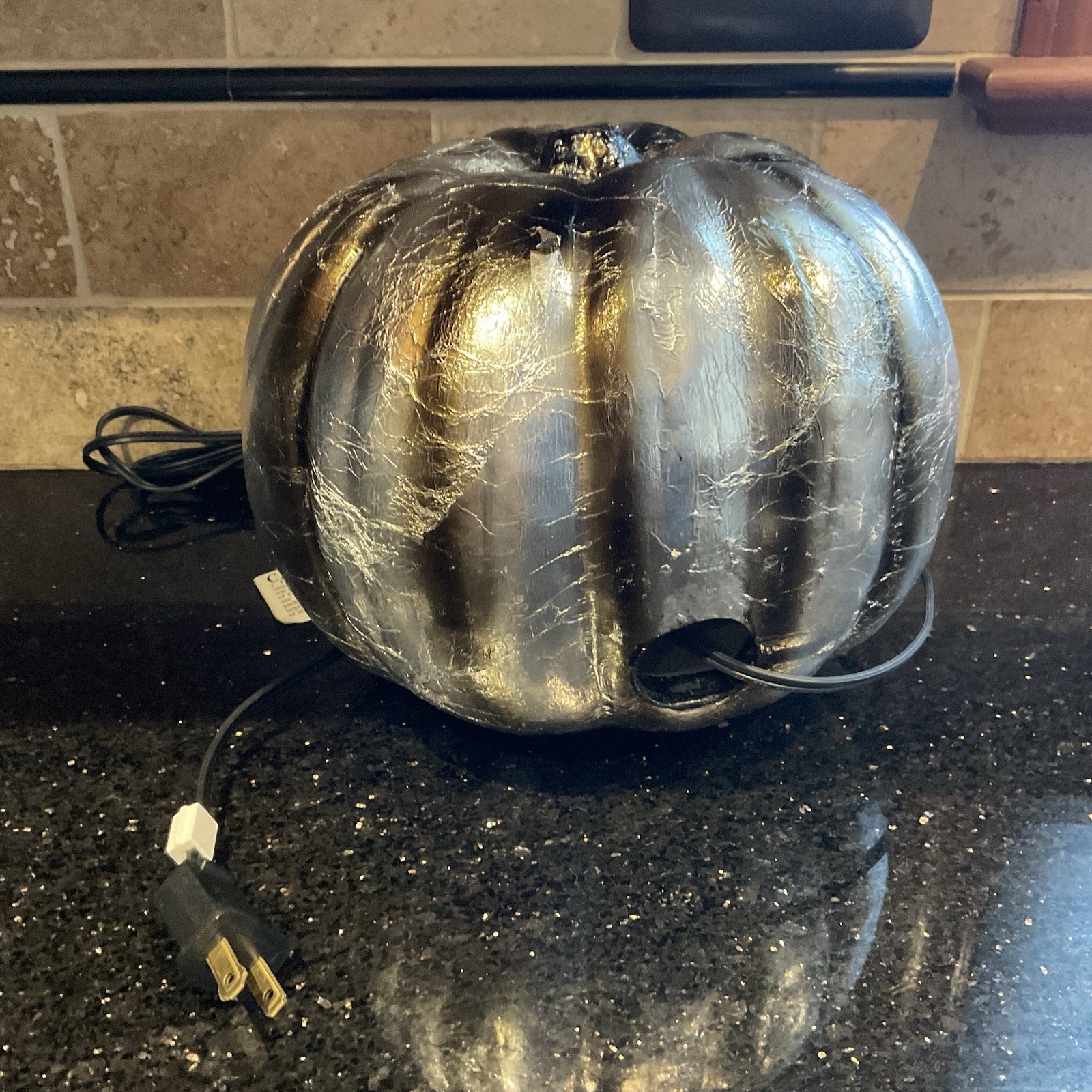 Jack O Lantern Plug In Electric Silver Foiled Plaster Pumpkin Light 7.5” Tall