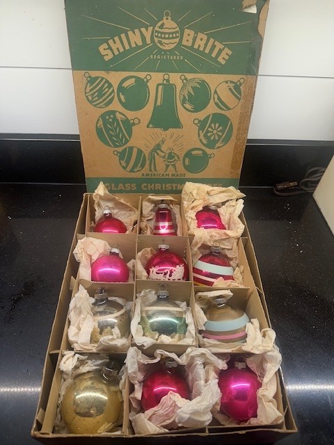 Vintage MCM Christmas Mercury Glass Box of Assorted Shiny Brite Ornaments Lot