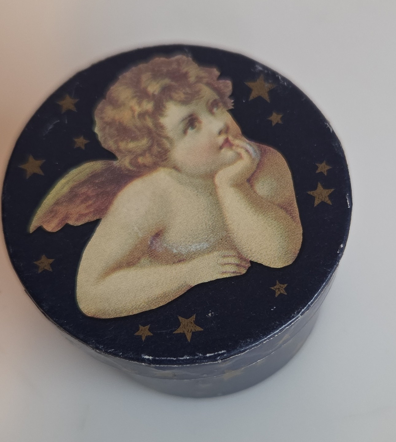 Roman Company Inc Cardboard Angel Star Trinket Box Round With Lid Dark Blue Gold
